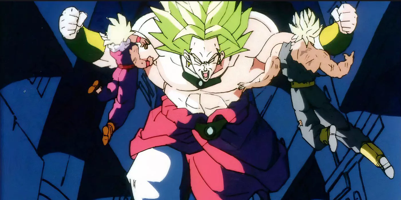 Broly attacks Gohan and Future Trunks in Dragon Ball Z: Broly - The Legendary Super Saiyan.