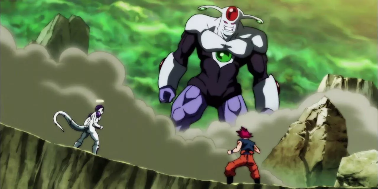 Agnilasa towers over Frieza and Goku during the Tournament of Power in Dragon Ball Super.