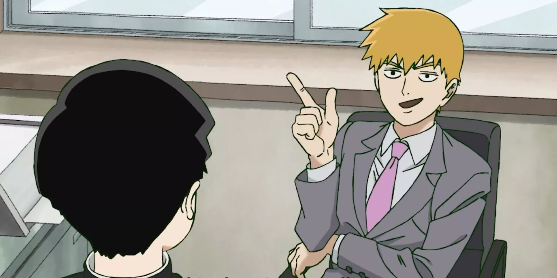 Reigen está hablando con Mob mientras levanta un dedo en Mob Psycho 100.