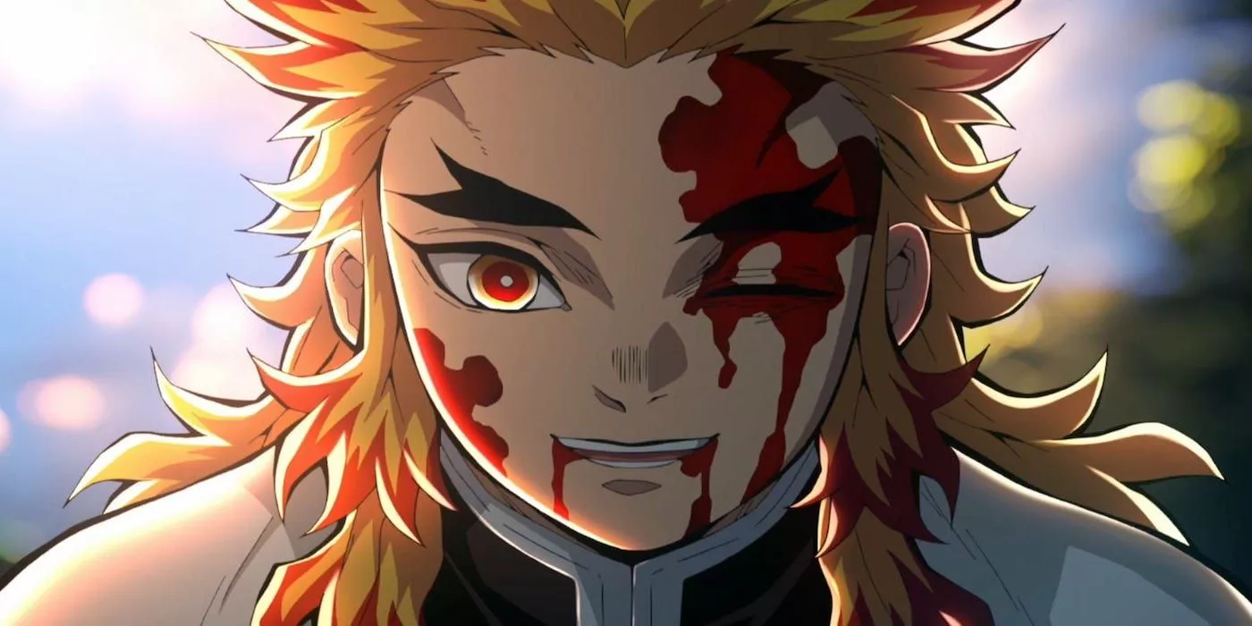 Kyojuro Rengoku muere con sangre en su rostro en Demon Slayer: Mugen Train.