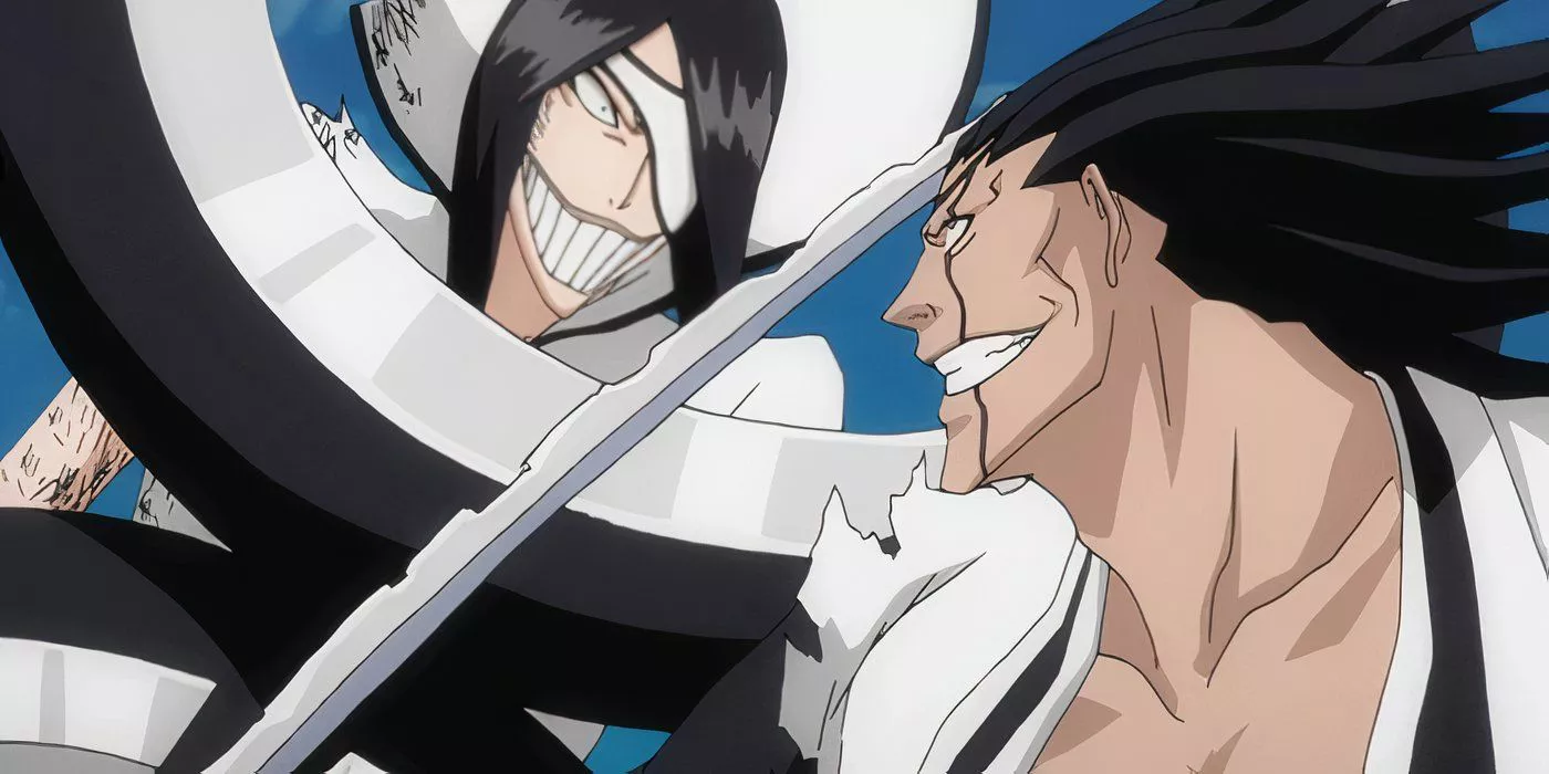 Kenpachi y Nnoitora sonriéndole uno al otro mientras están en batalla en Bleach.