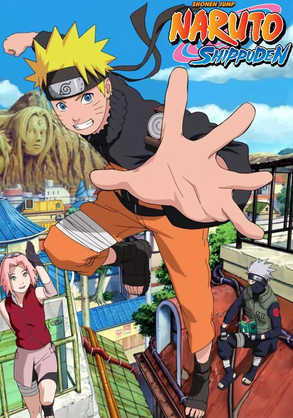 Naruto Uzumaki, Sakura Haruno y Kakashi Hatake están en los techos de Konoha en el póster del anime de Naruto: Shippuden.