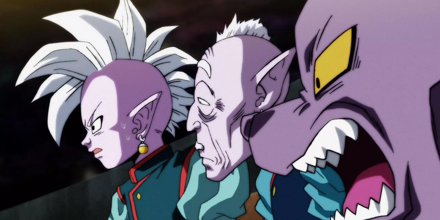 Beerus, Shin, and Old Kai react to the Tournament of Power in Dragon Ball Super.