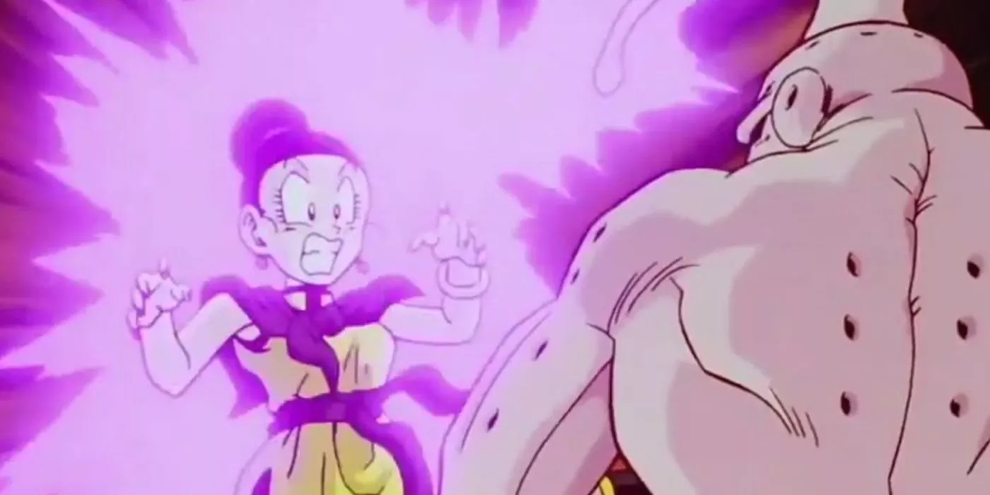 Super Buu usa su Rayo de Transfiguración para convertir a Chi-Chi en un huevo en Dragon Ball Z.