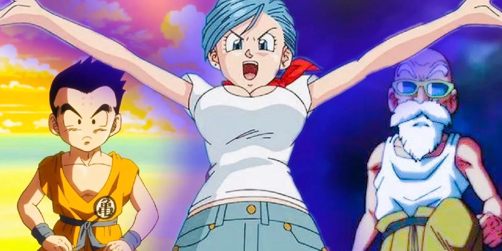 Bulma, Krillin y Maestro Roshi en Dragon Ball Super luciendo serios