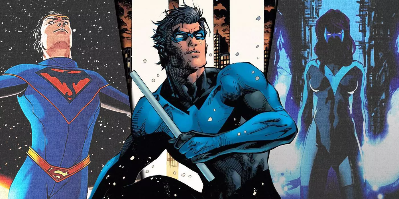 Split image of Chris Kent, Dick Grayson, and Cheyenne Freemont as Nightwing from DC Comics