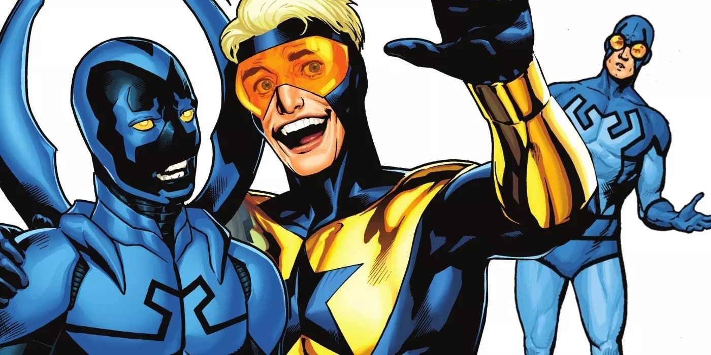 Booster Gold with his arm around Jaime Reyes as Ted Kord wonder what is going on