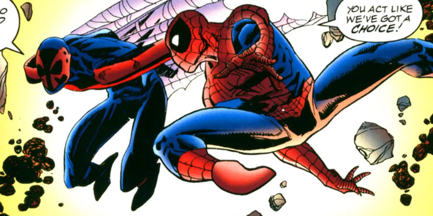 Spider-Man and Spider-Man 2099 fighting together from Marvel Comics