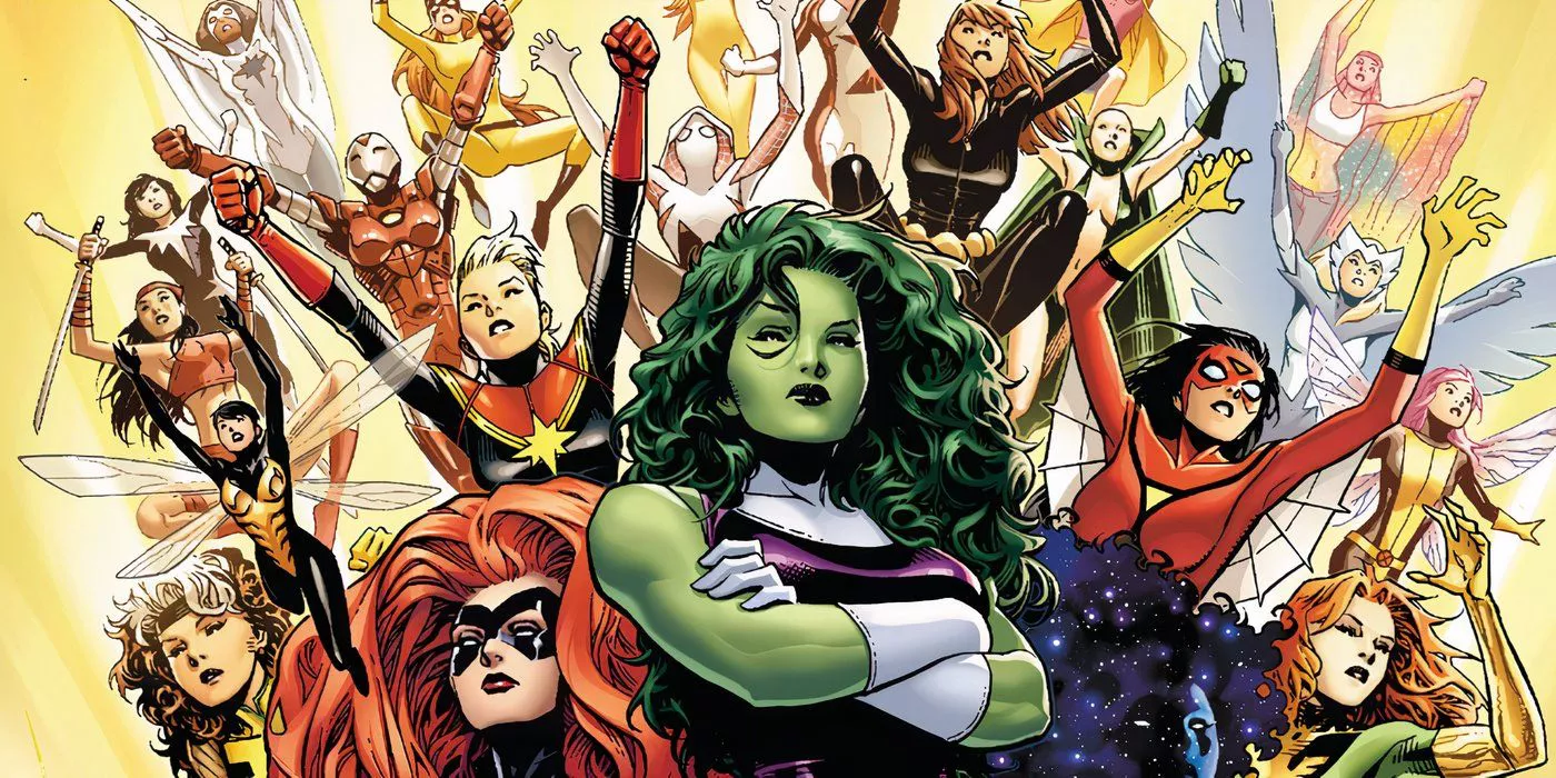 Dozens of superheroines standing behind their leader, She-Hulk.