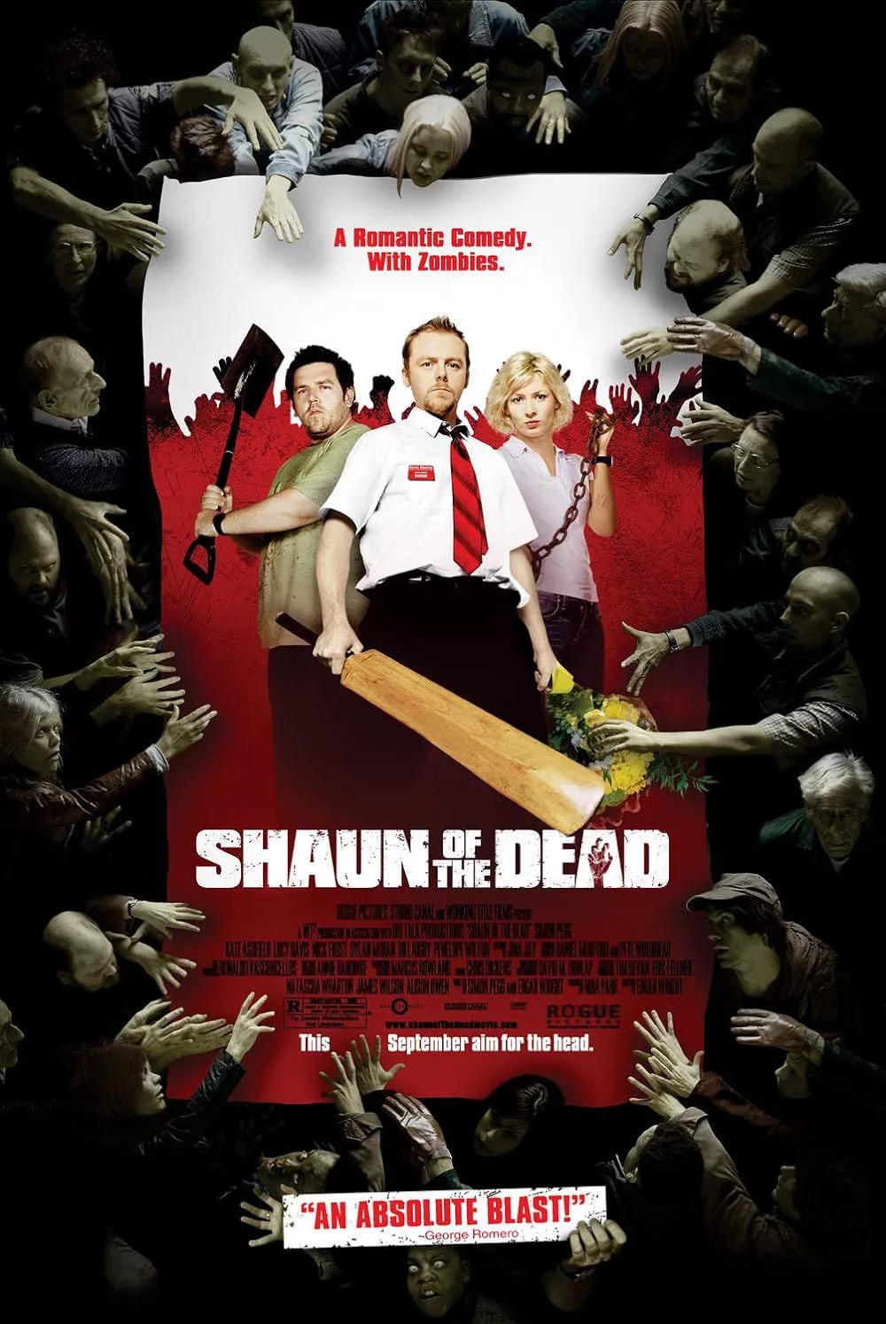 Kate Ashfield, Nick Frost y Simon Pegg posando con armas en el póster de Shaun of the Dead