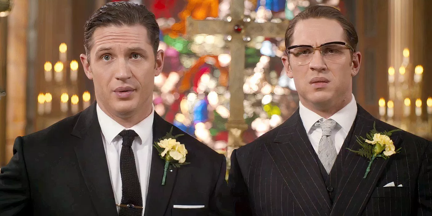 Tom Hardy as Twins Ronald and Reginald Kray at Ronald's wedding ceremony in Legend.