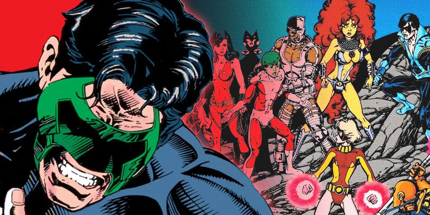 Split image of Kyle Rayner Green Lantern crying and the cover the Teen Titans: The Judas Contract