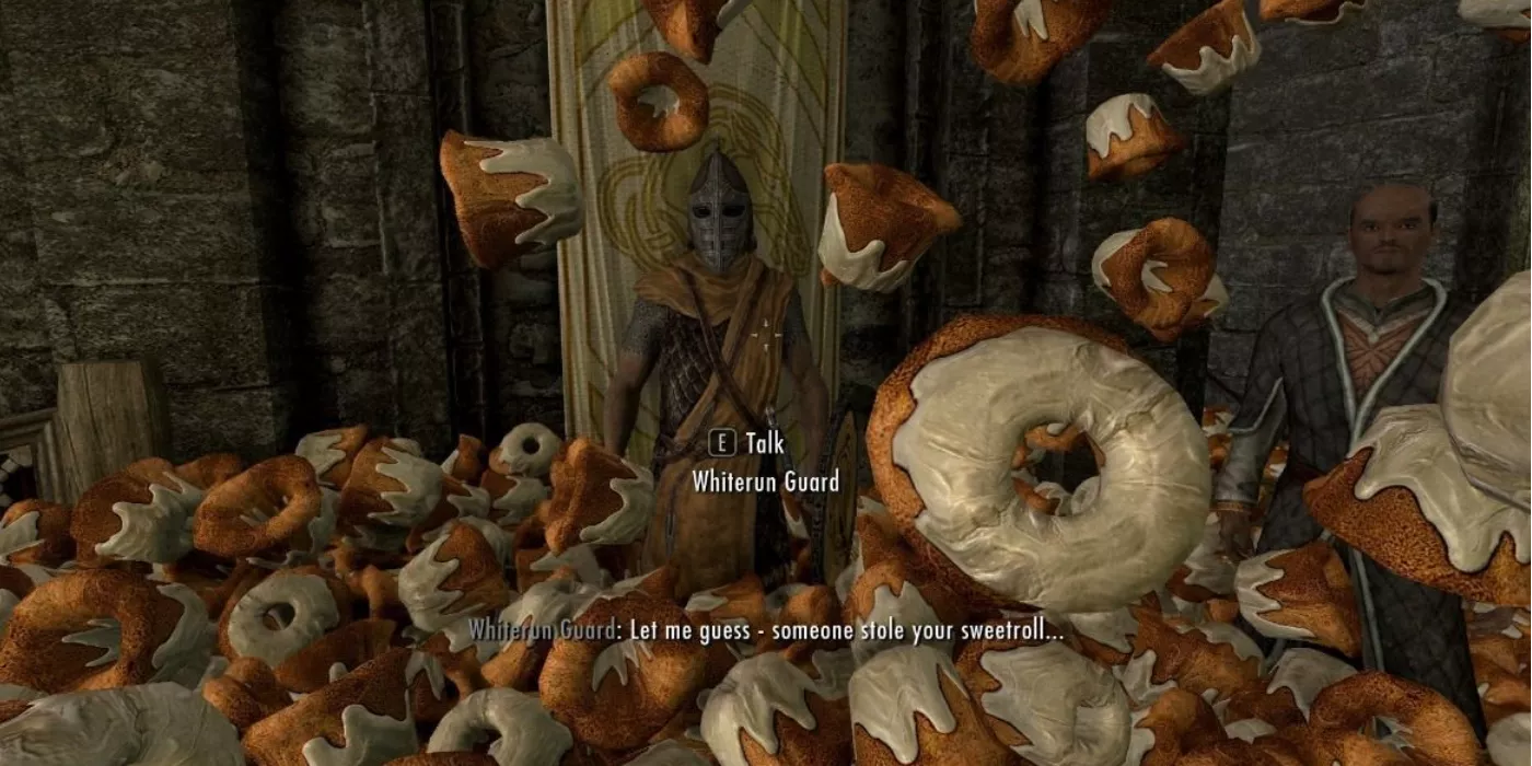 Un guardia rodeado de dulces en The Elder Scrolls V: Skyrim.