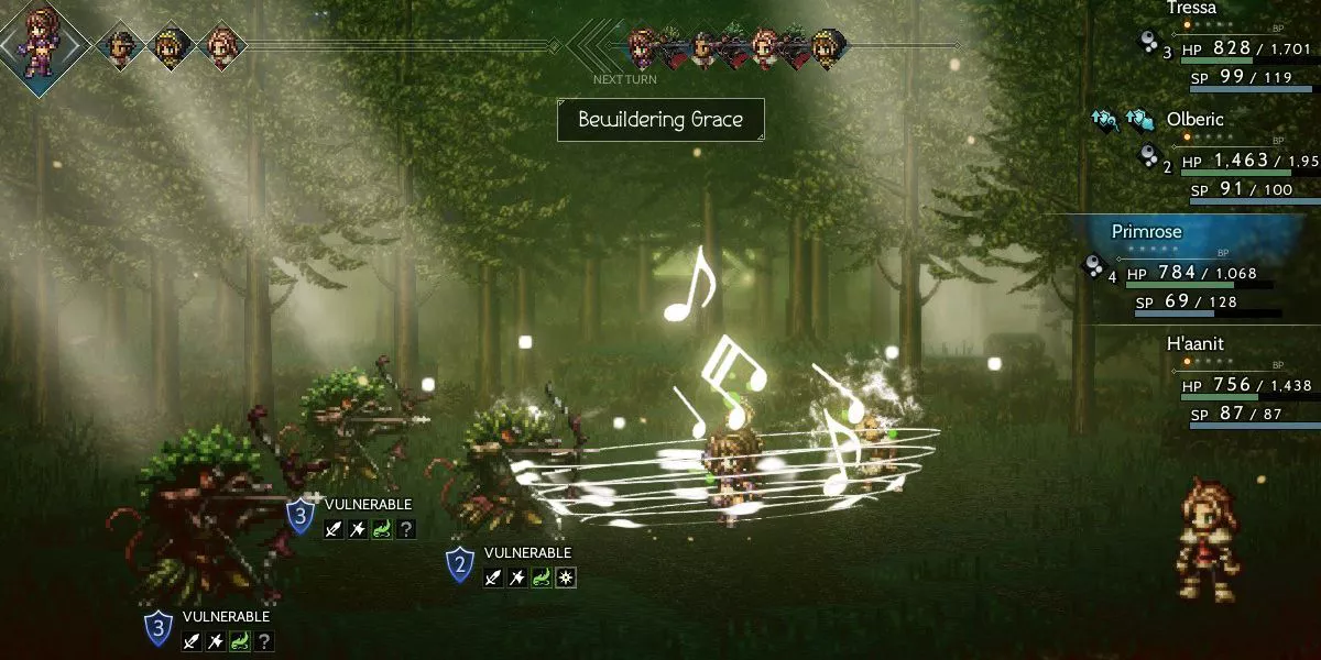 Primrose activating Bewildering Grace in battle in Octopath Traveler