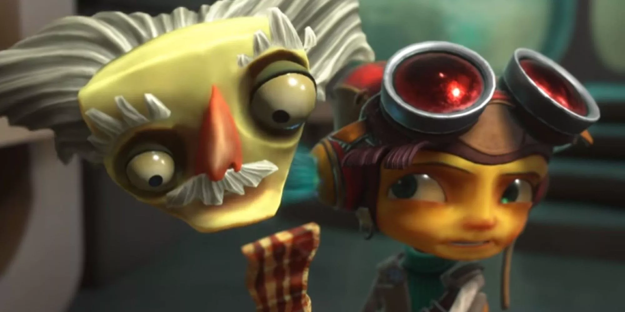 Raz holding a piece of bacon in Psychonauts 2