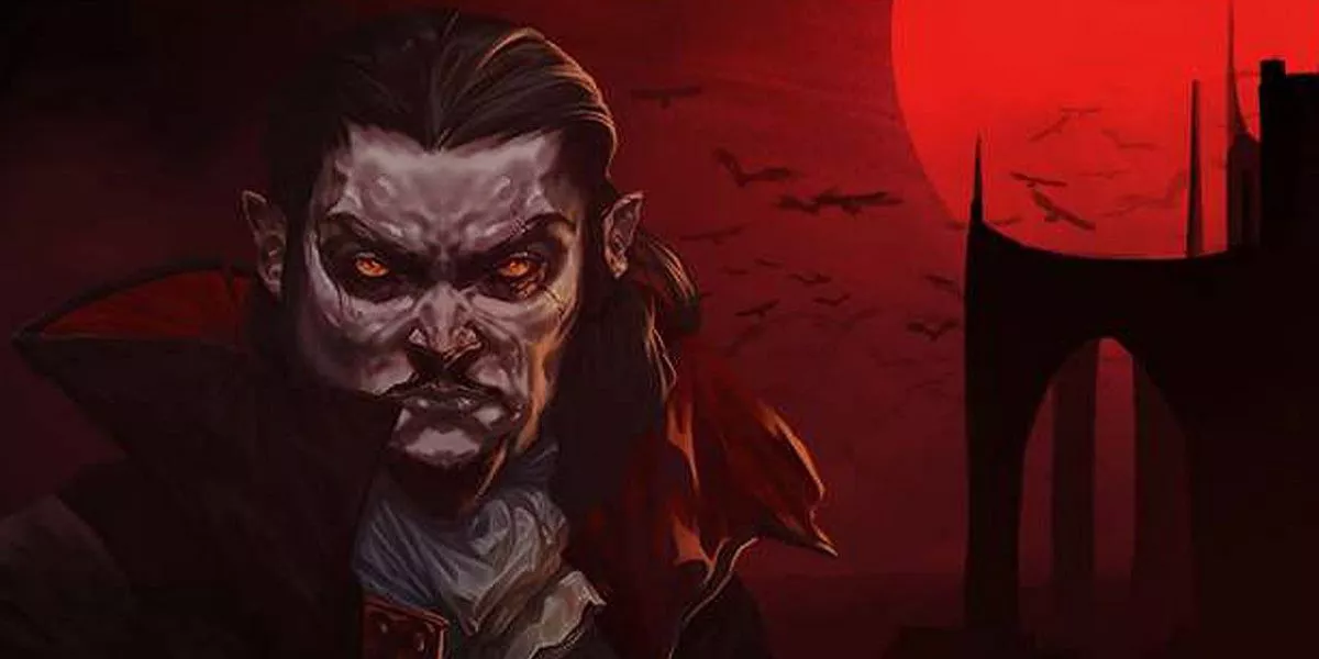 Promotional art of Vampire Survivors featuring a Vampire against a red sky