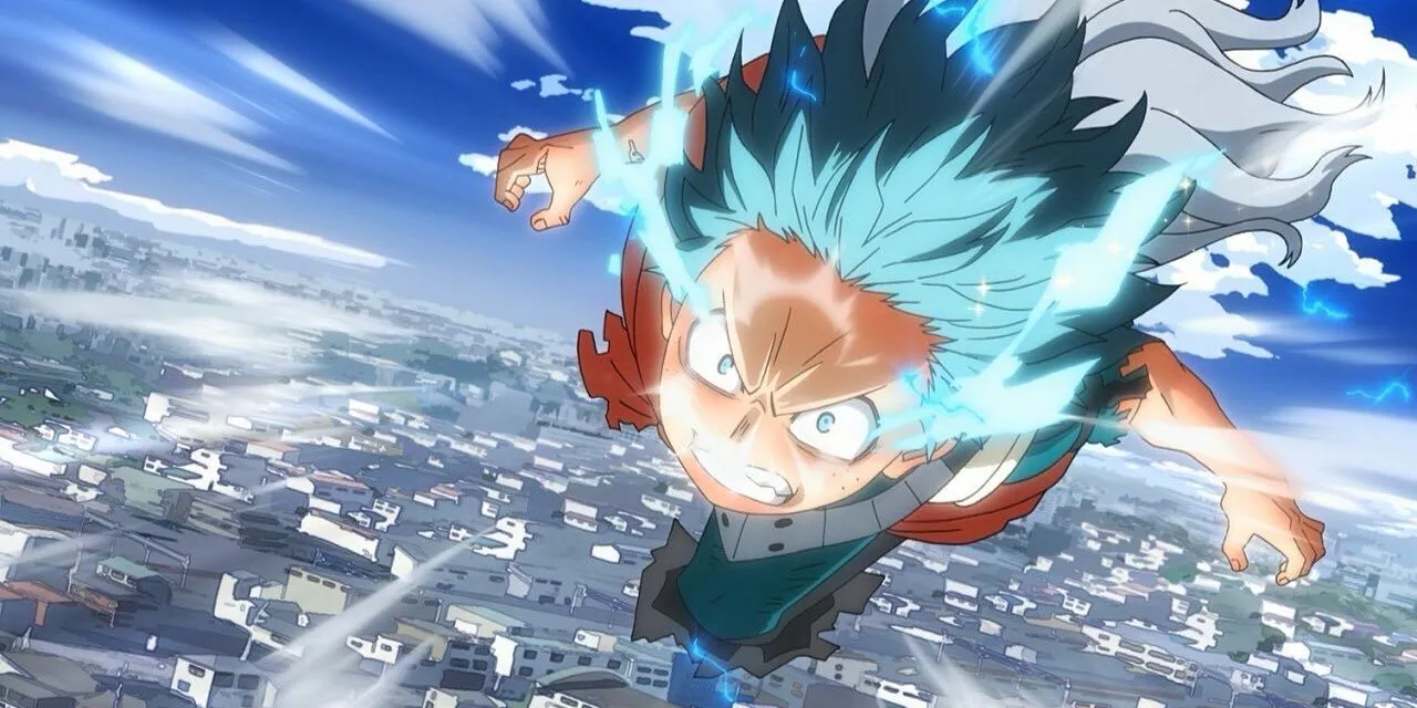 Deku activates 100% Full Cowling as Eri holds onto his back in My Hero Academia