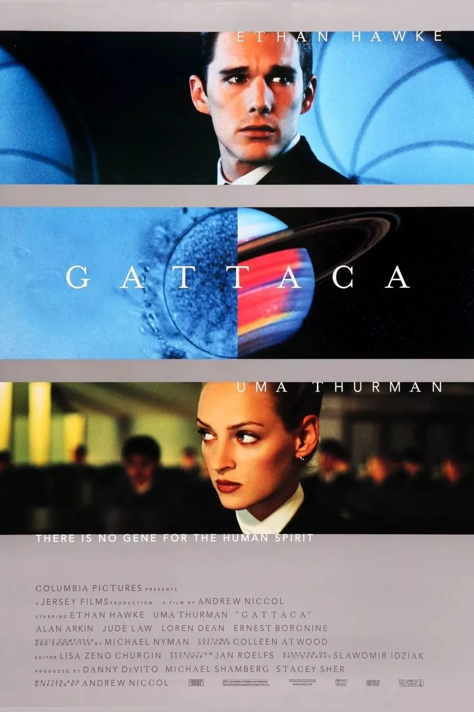 Gattaca Film Poster shows the characters and the Gattaca symbol.