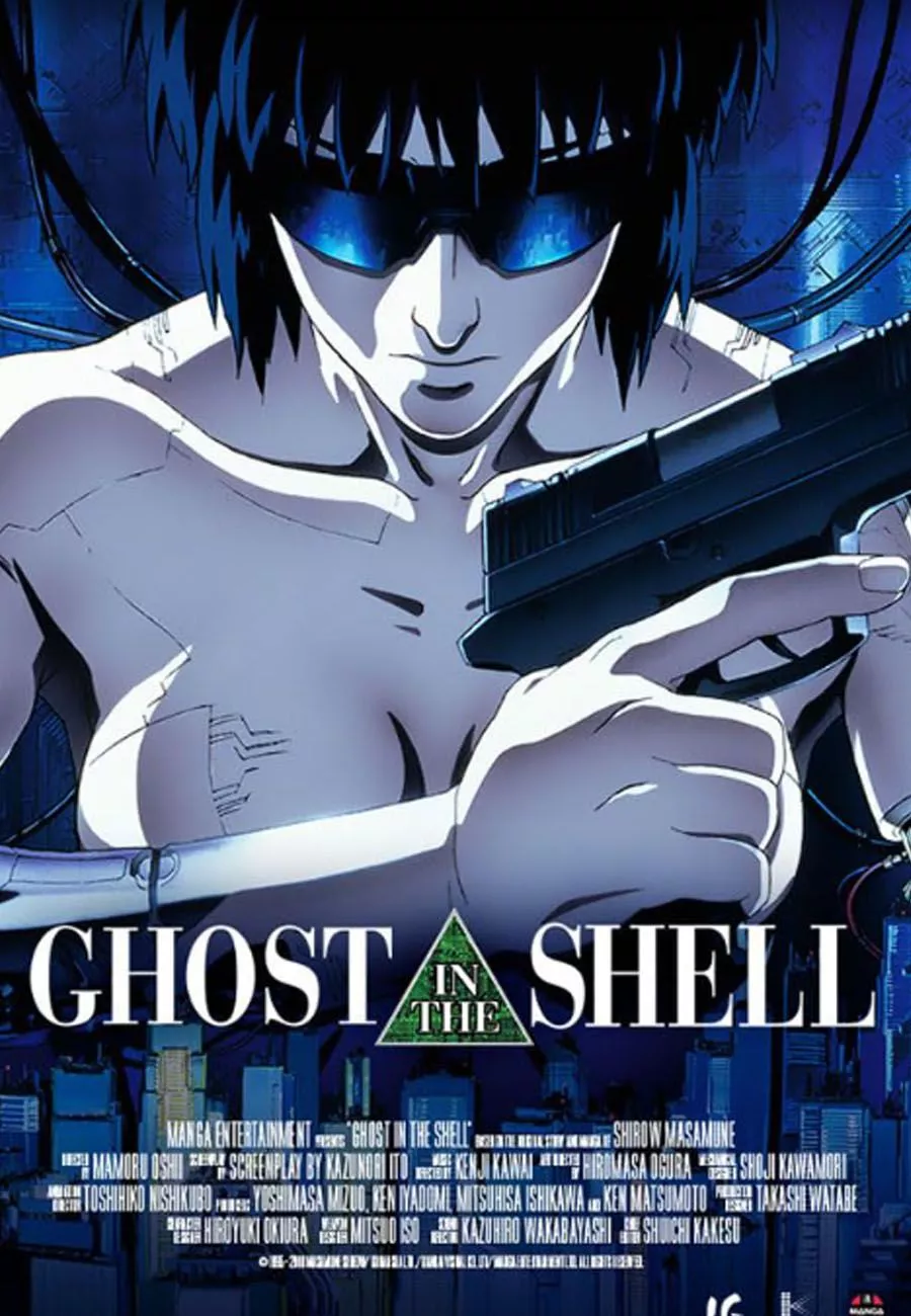 Ghost In The Shell original anime film poster shows the character with a gun.