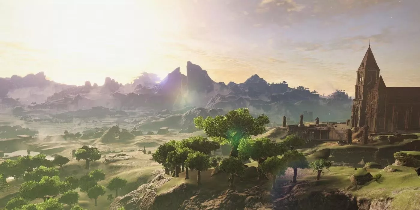 A view of the Great Plateau and the Temple of Time in Zelda: Breath of the Wild