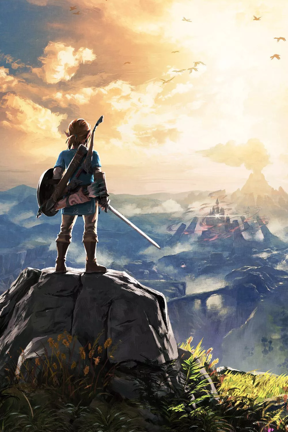 The box art for The Legend of Zelda: Breath of the Wild depicts Link standing on a hill and looking at Hyrule Castle, which has been infected by Ganondorf.