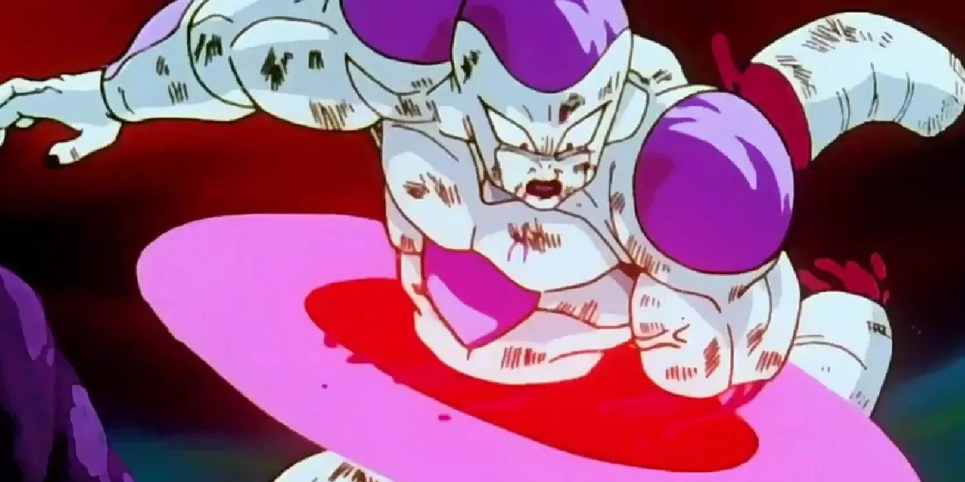 Frieza es cortado por la mitad por su propio ataque en Dragon Ball Z.