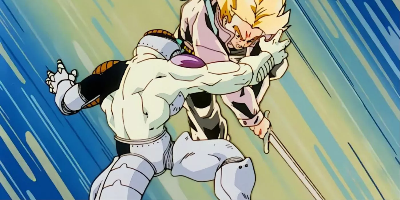 Trunks del Futuro corta a Mecha-Frieza por la mitad en Dragon Ball Z.