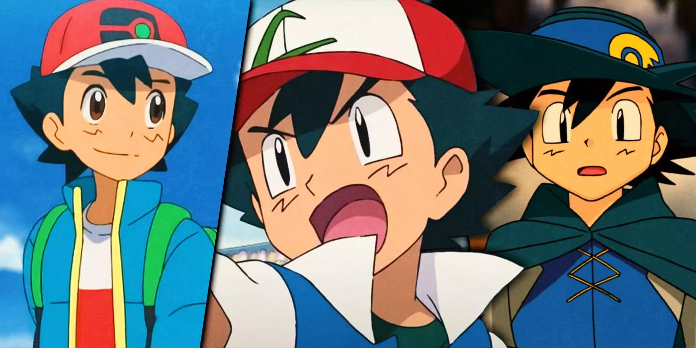 Images of Ash Ketchum in the original series, Pokémon Journeys and Pokémon: Lucario and the Mystery of Mew