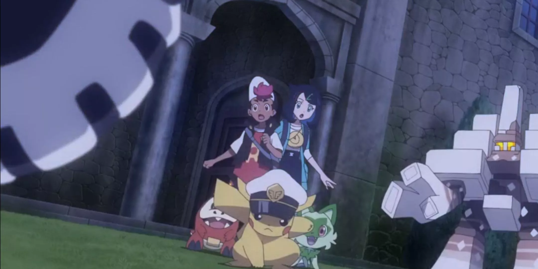 Captain Pikachu landing in a heroic pose in front of Liko, Roy and their Pokemon partners as the Explorers close in on them in the courtyard of a castle in Pokemon Horizons