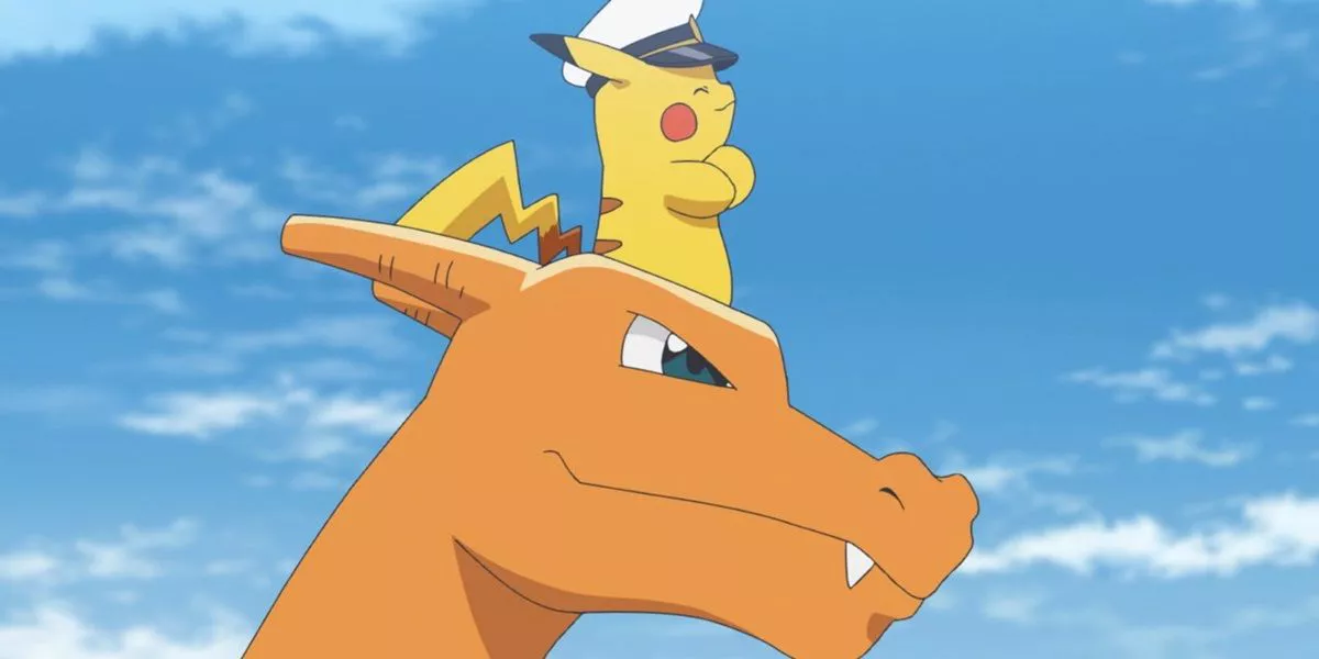 Captain Pikachu riding on Charizard's head in Pokemon Horizons