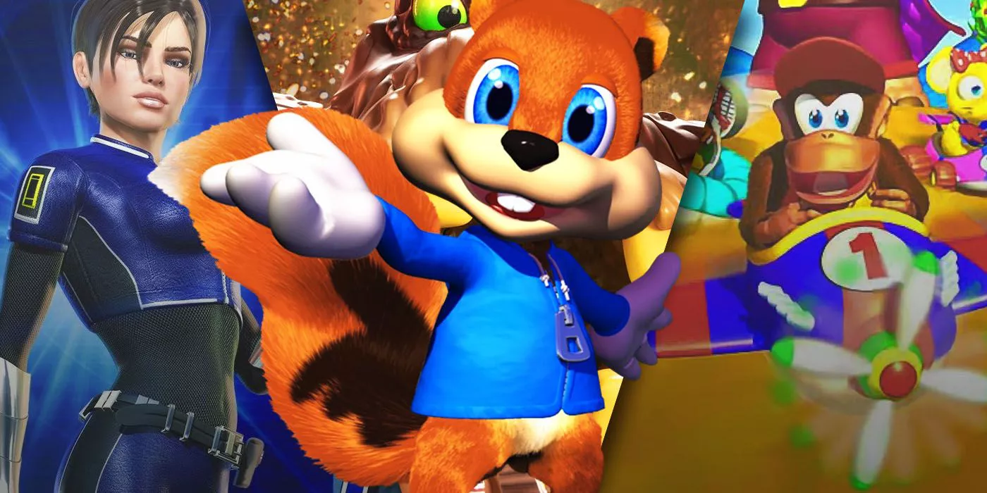 split image of Conker's Bad Fur Day, Perfect Dark, and Diddy Kong Racing