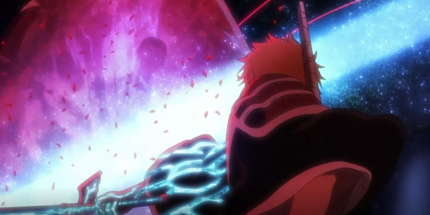 Ichigo atraviesa el cuerpo del Rey de las Almas contra su voluntad en Bleach: La Guerra de los Mil Años.