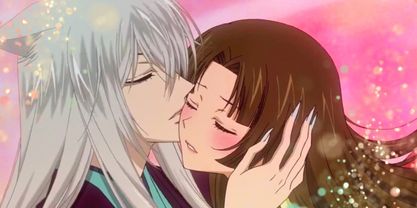 Tomoe kissing Yukiji in the anime Kamisama Kiss.