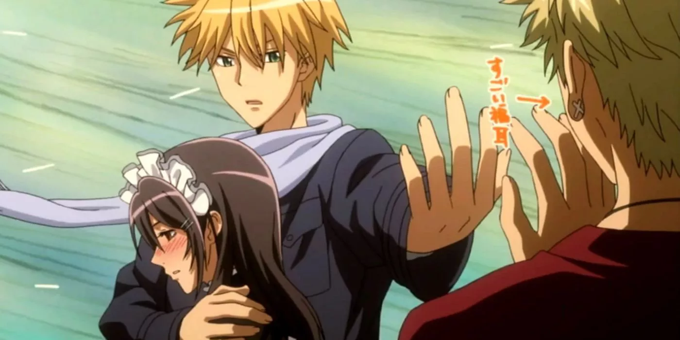 Usui holding a blushing Misaki in Maid Sama!