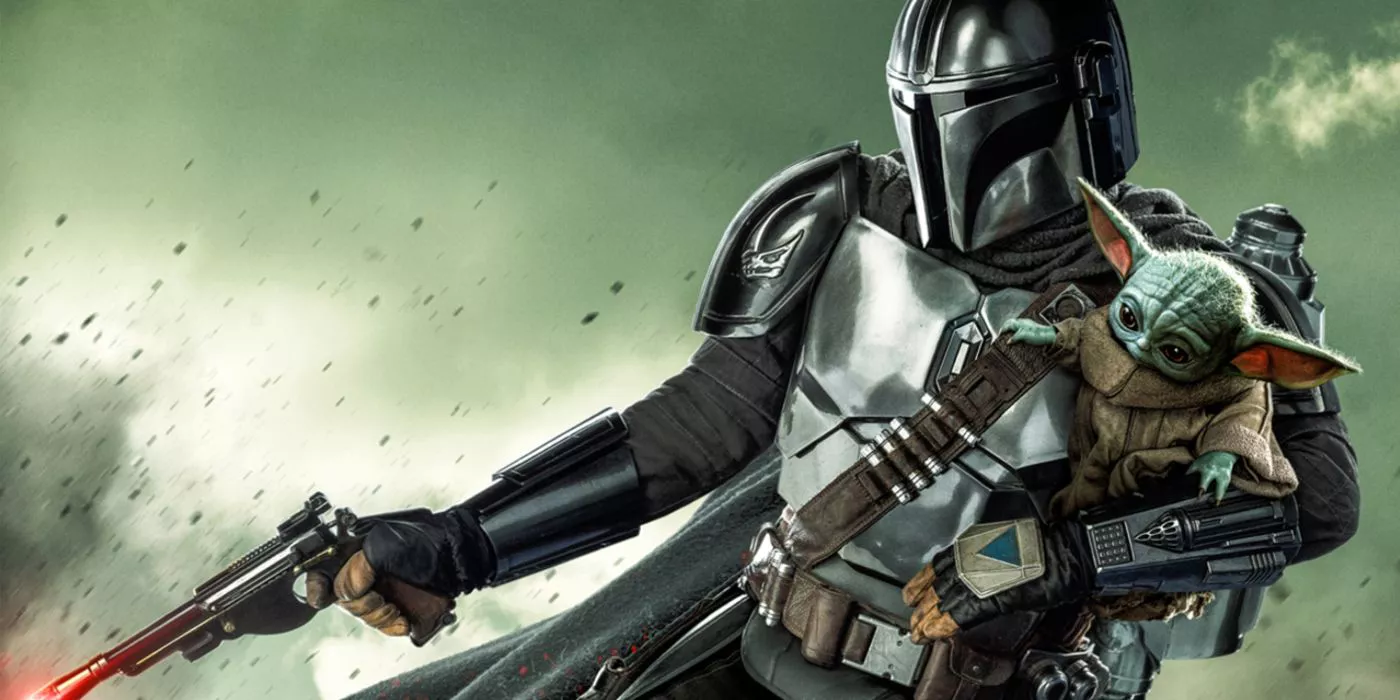 The Mandalorian Seasons Three poster features Din Djarin firing his blaster while holding Grogu.