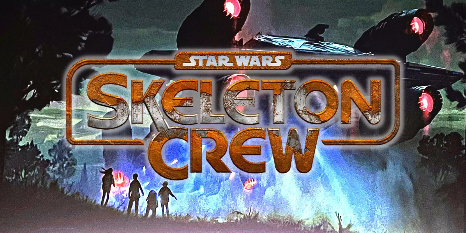 The Star Wars: Skeleton Crew logo over a starship with four young figures looking up in awe