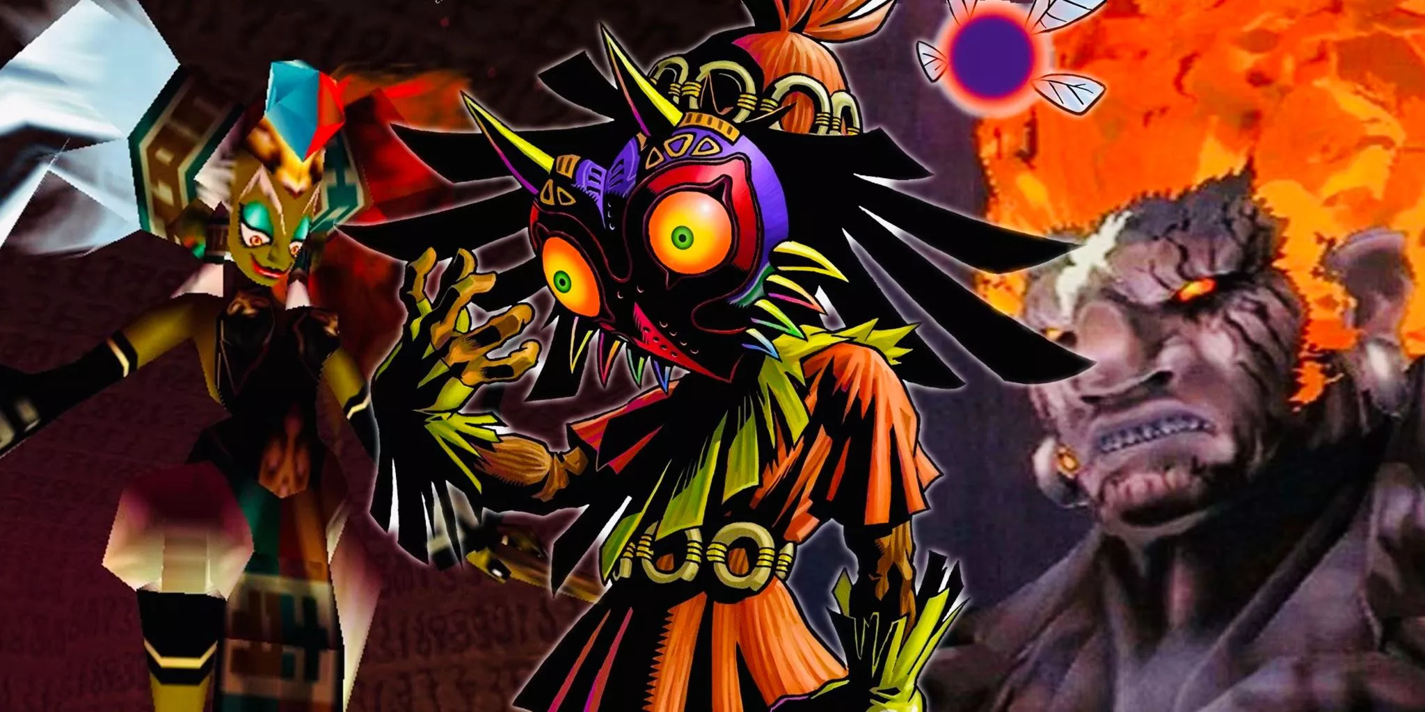 Skull Kid en Majora’s Mask con Twinrova y Demise de The Legend of Zelda