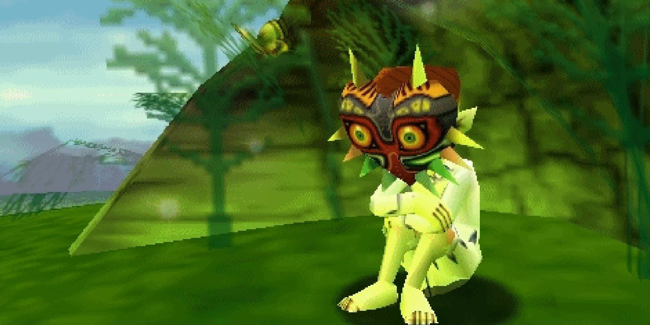 El Niño Luna usando la Máscara de Majora en The Legend of Zelda: Majora’s Mask.