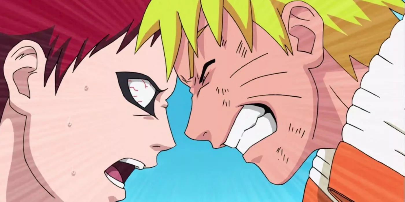 Naruto headbutts Gaara during their one-on-one battle in Naruto.