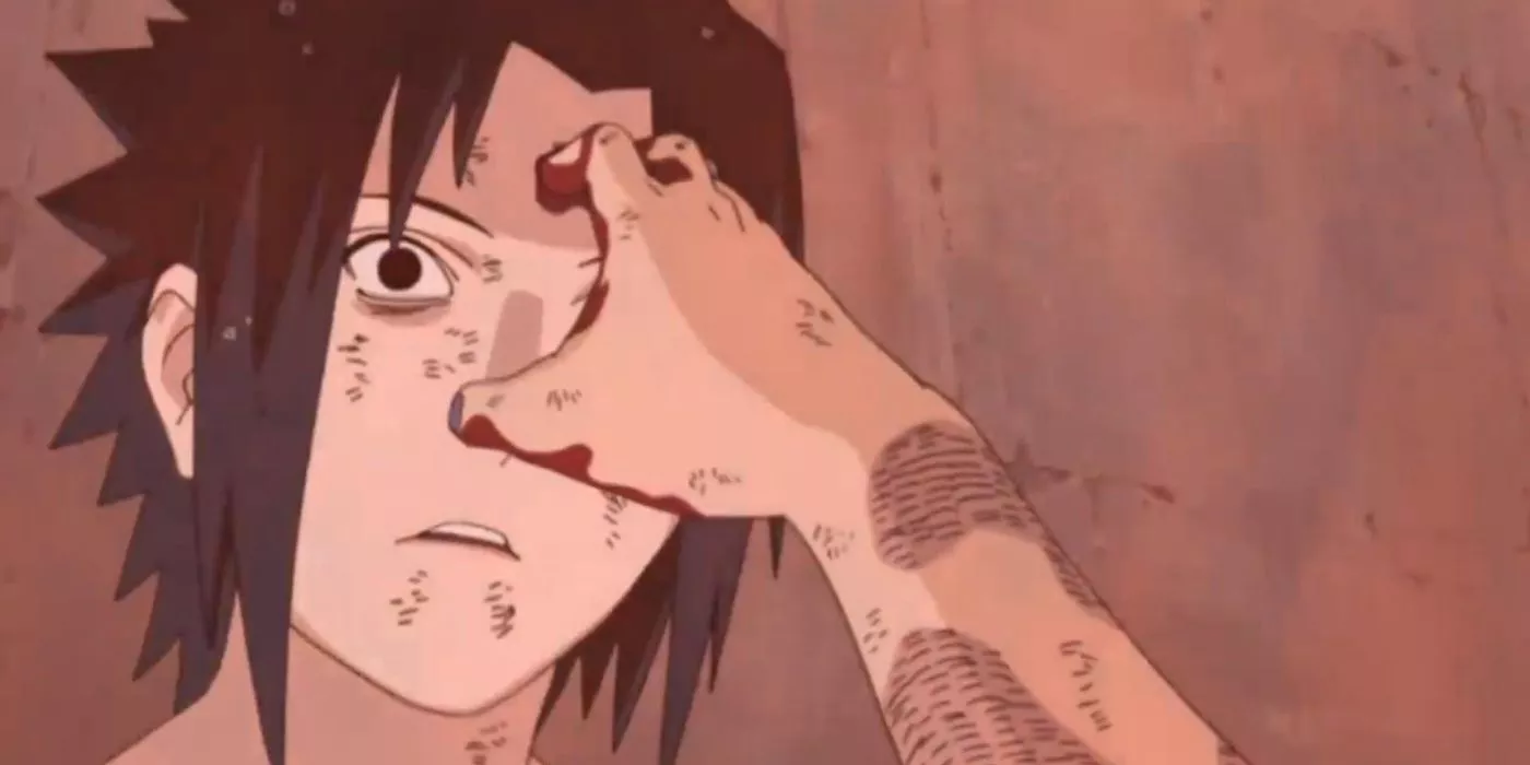 Sasuke stunned as Itachi pokes him one last time in the forehead in Shippuden