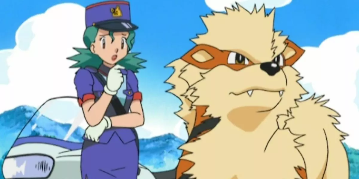 Oficial Jenny y su Growlithe frente a su motocicleta en Pokémon