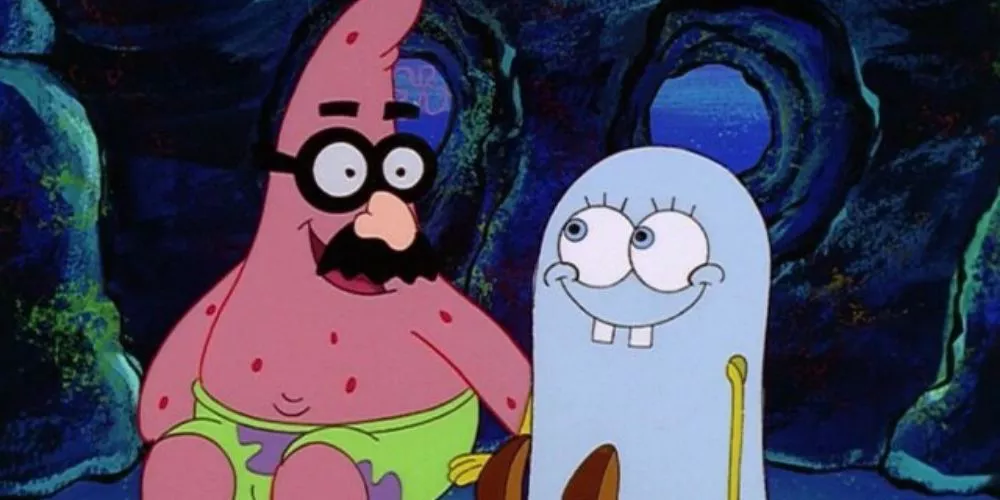 SpongeBob SquarePants and Patrick look at each other in Scaredy Pants.