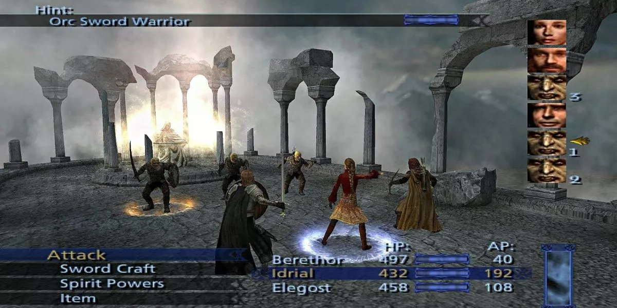 A party fighting a pair of Orcs in The Lord of the Rings: The Third Age video game.