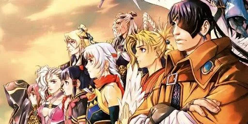 Key art including numerous characters from Suikoden V