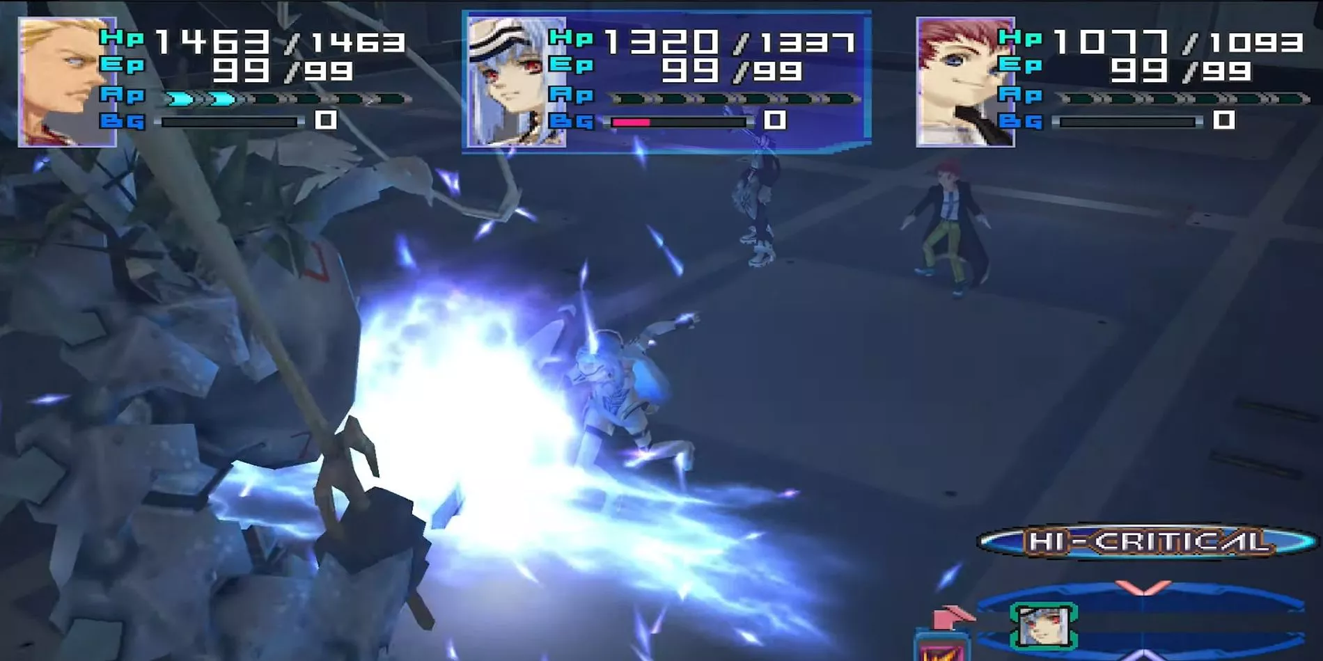 KOS-MOS, Ziggy, and Jr. fight an enemy in Xenosaga Episode 1.