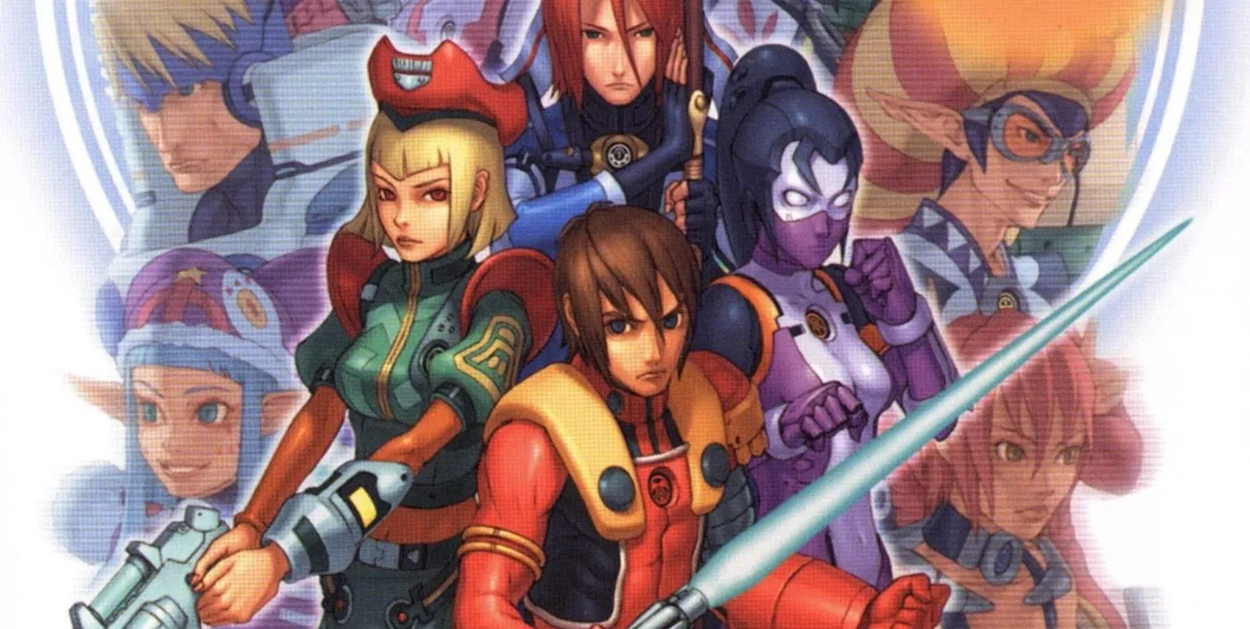 The main characters on the cover of Phantasy Star Online Episodes I & II GameCube game