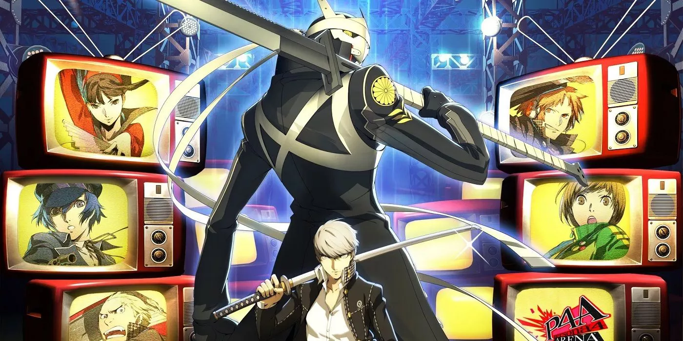 Splash art from Persona 4 Arena featuring the main Persona 4 cast.