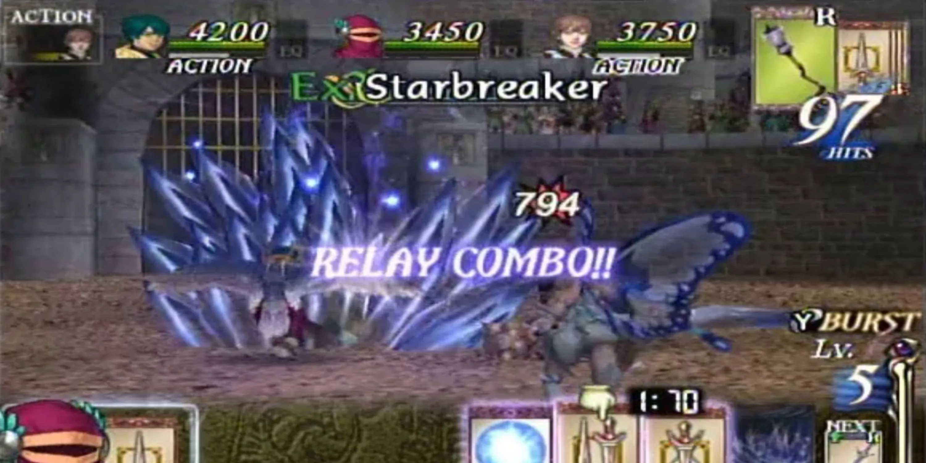 Guillo executes a relay combo in a battle in Baten Kaitos Origins.