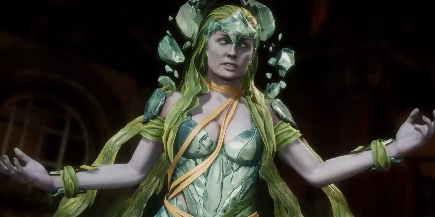 Cetrion de Mortal Kombat está de pie con los brazos extendidos a los lados.