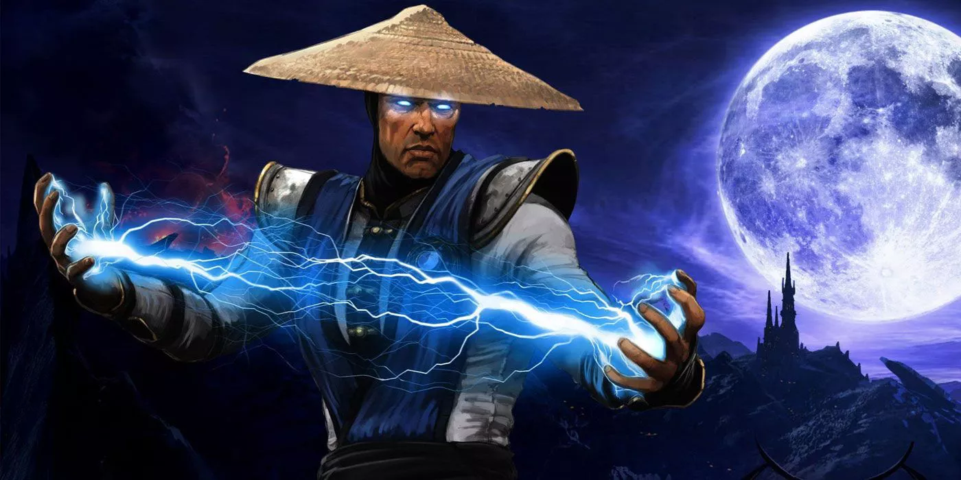 Raiden, el Dios del Trueno, sostiene rayos entre sus manos extendidas.